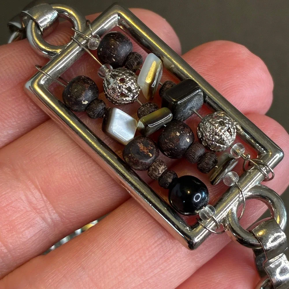 Vintage Chain Belt Hammered Silver Medallion Wood Shell Bead Mixed Media 34-41